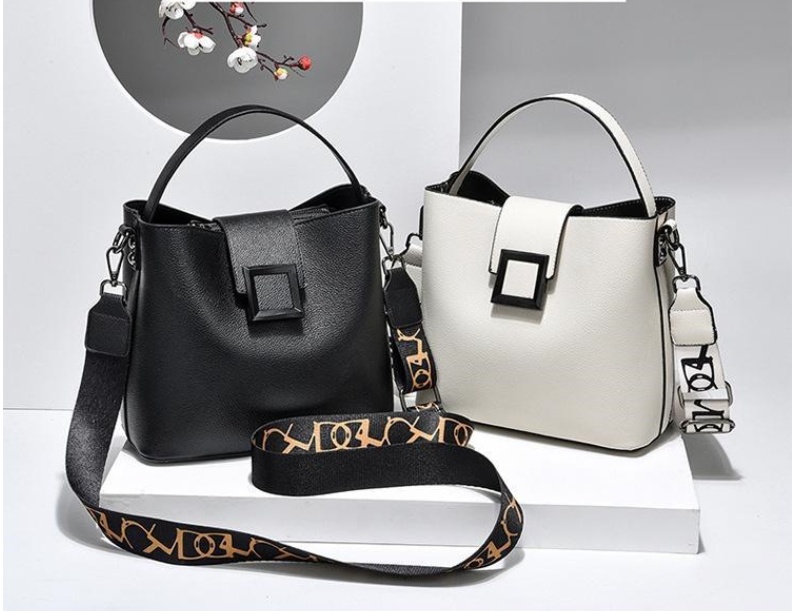 Womens Bucket Bag Adjustable Shoulder Strap Fashion Handbag with Square Buckle